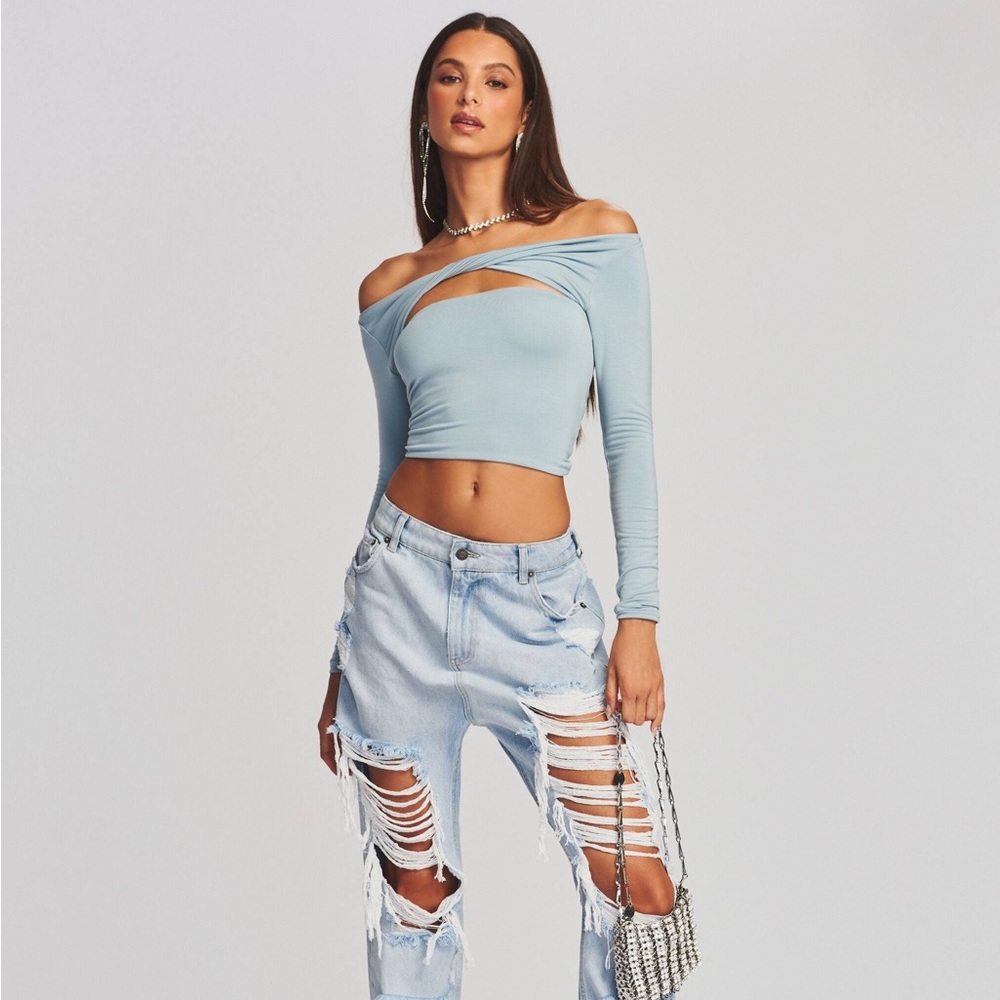 Retrofete Light Blue Off-Shoulder Cutout Long Sleeve Top